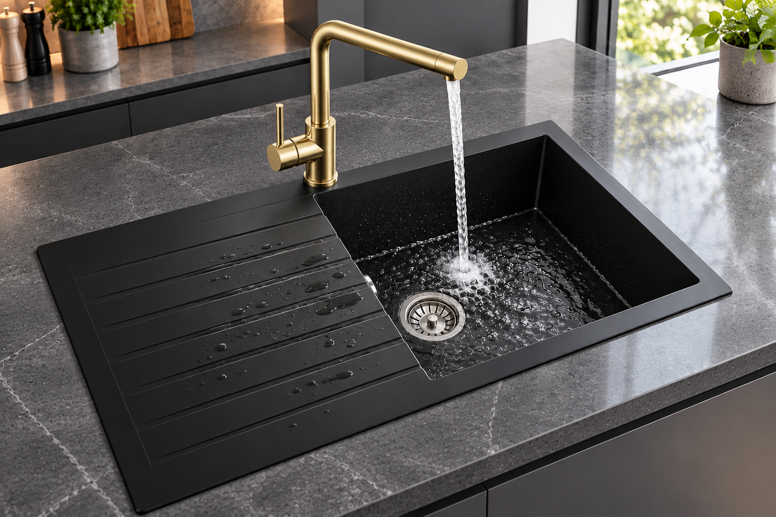 Liquida LBN860BL 1.0 Bowl Black Granite Reversible Kitchen Sink With Waste