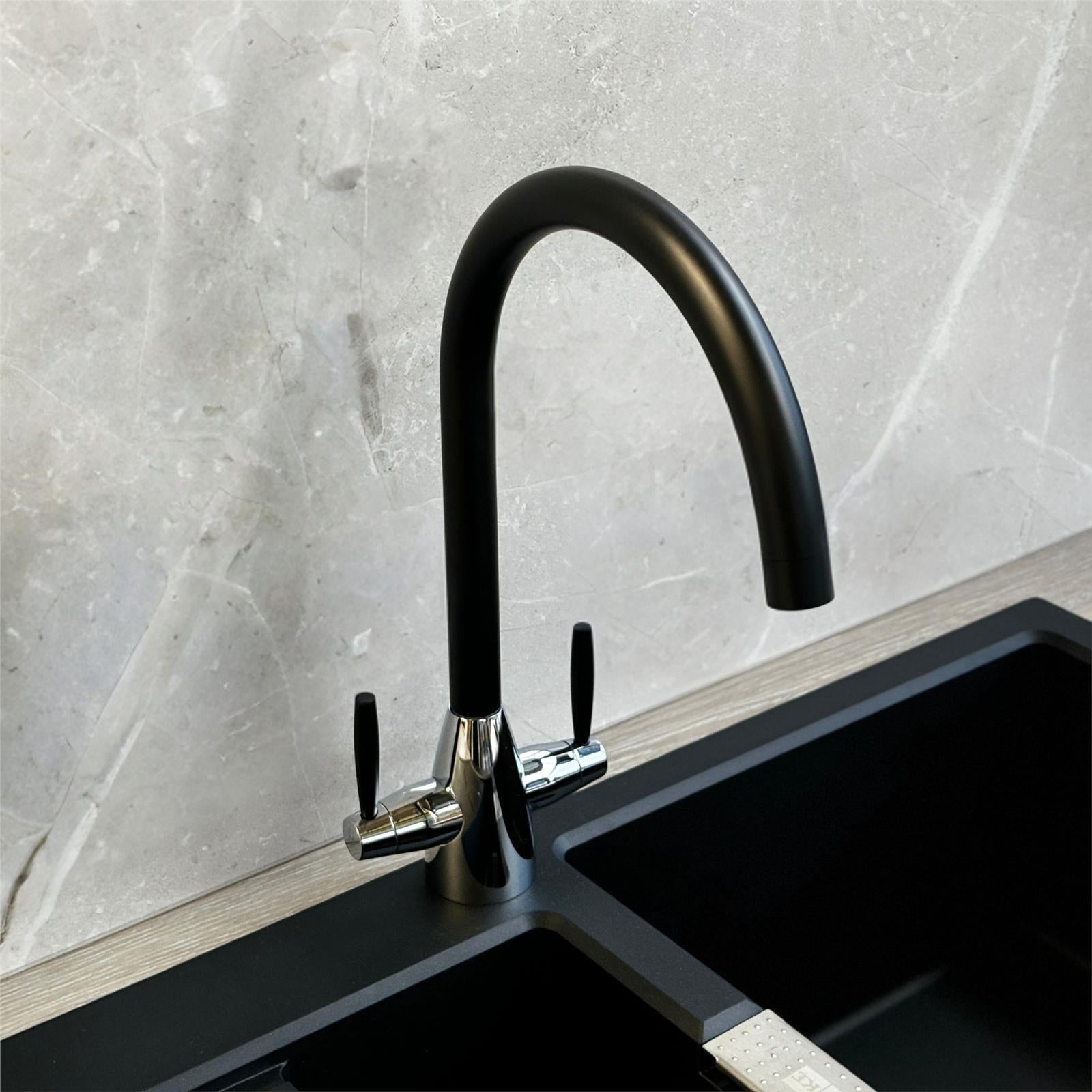 Liquida LC02BL Swan Neck Twin Lever Chrome and Black Kitchen Mixer Tap