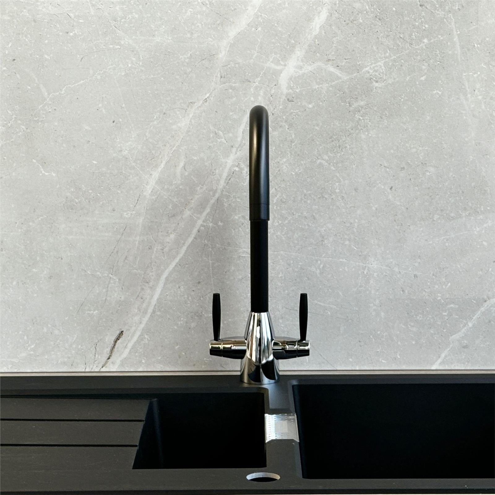 Liquida LC02BL Swan Neck Twin Lever Chrome and Black Kitchen Mixer Tap