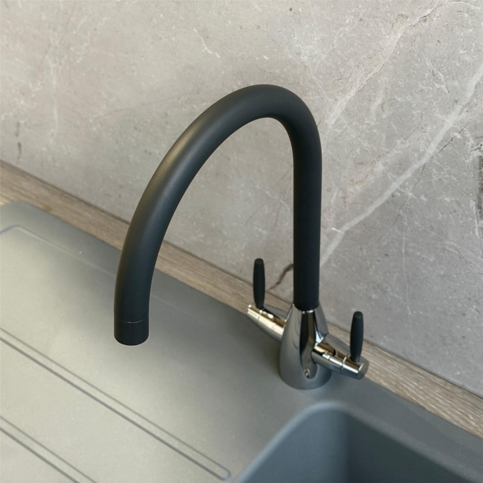 Liquida LC02GM Swan Neck Twin Lever Chrome & Gun Metal Kitchen Mixer Tap