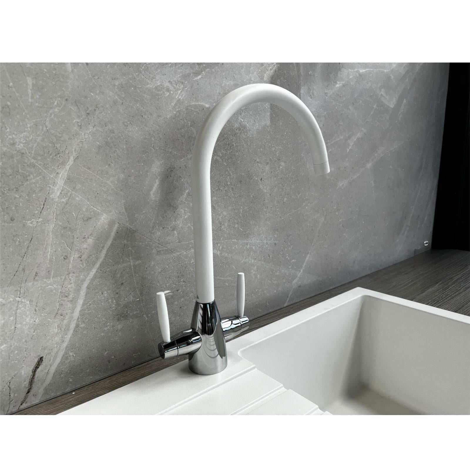 Liquida LC02WH Swan Neck Twin Lever Chrome and White Kitchen Mixer Tap