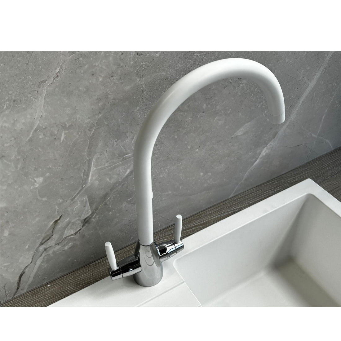 Liquida CMP15WH 1.5 Bowl White Kitchen Sink With LC02WH White Mixer Tap