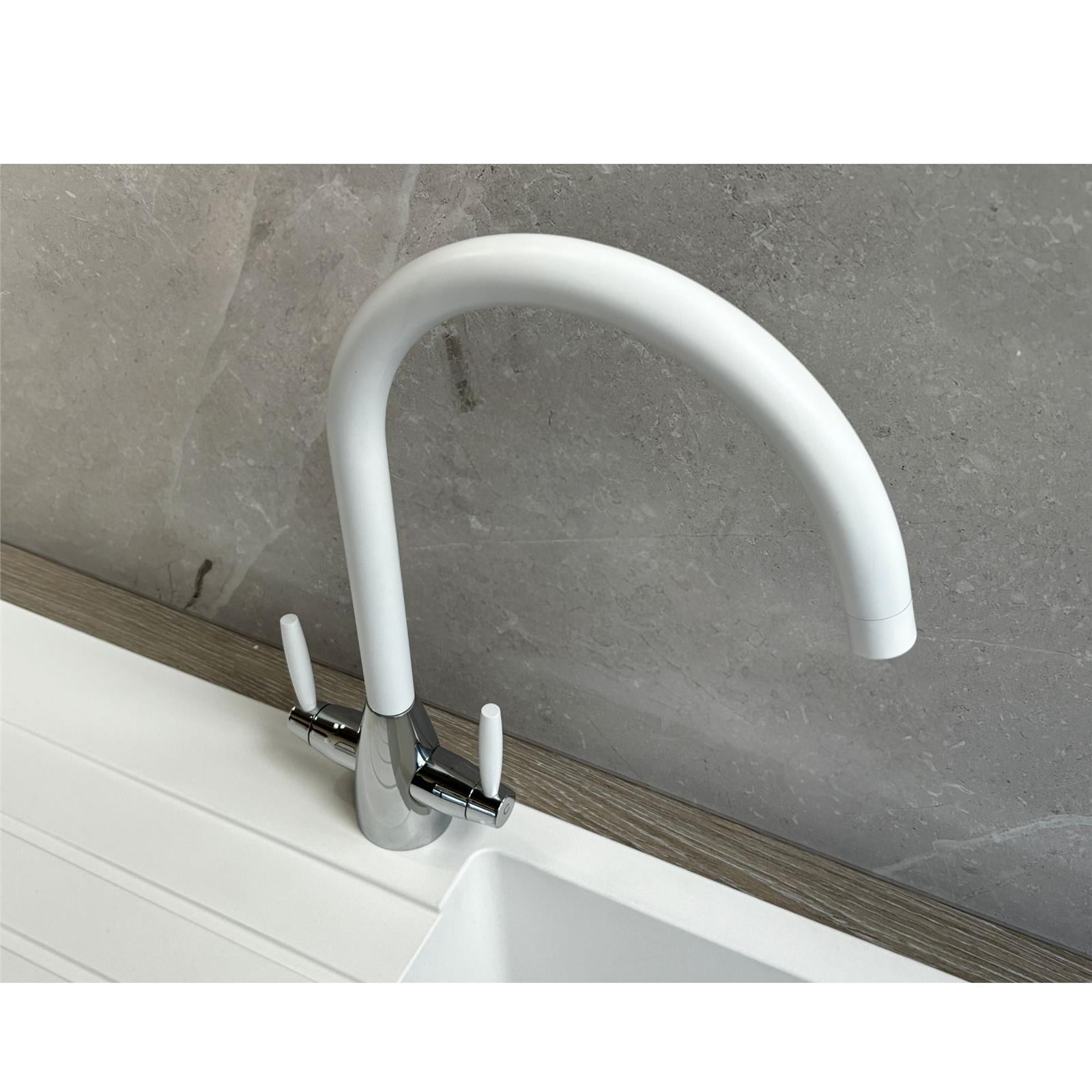 Liquida LC02WH Swan Neck Twin Lever Chrome and White Kitchen Mixer Tap