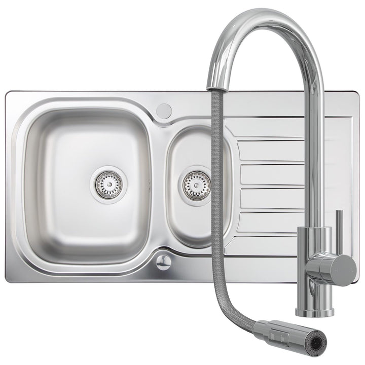Liquida LSS150 1.5 Bowl Reversible Stainless Steel Kitchen Sink With CT452CH Tap