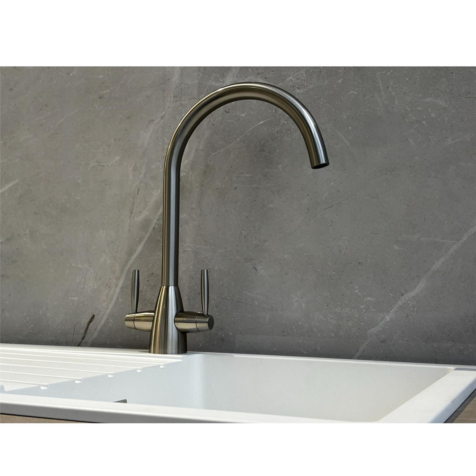 Liquida LT03BN Monobloc Swan Neck Twin Lever Brushed Nickel Kitchen Mixer Tap