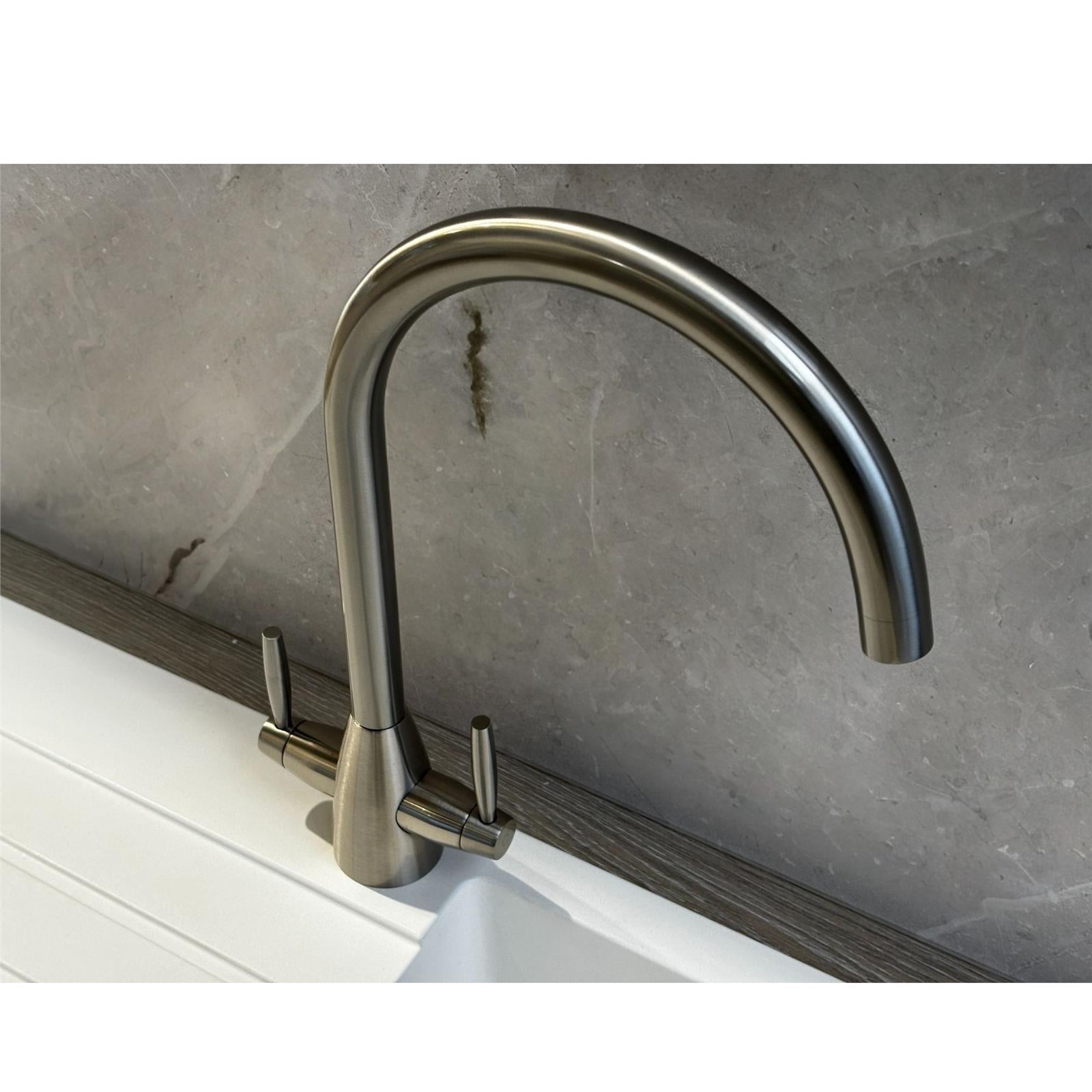 Liquida LT03BN Monobloc Swan Neck Twin Lever Brushed Nickel Kitchen Mixer Tap
