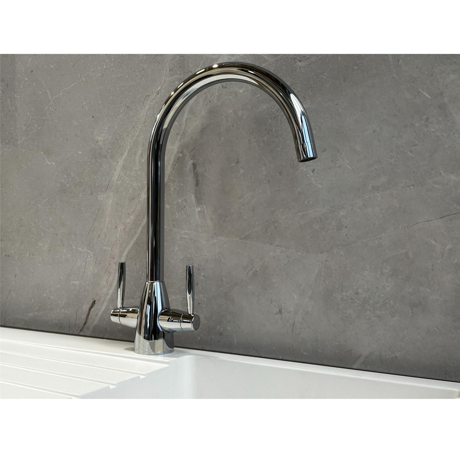 Liquida LT03CH Monobloc Swan Neck Twin Lever Chrome Kitchen Mixer Tap