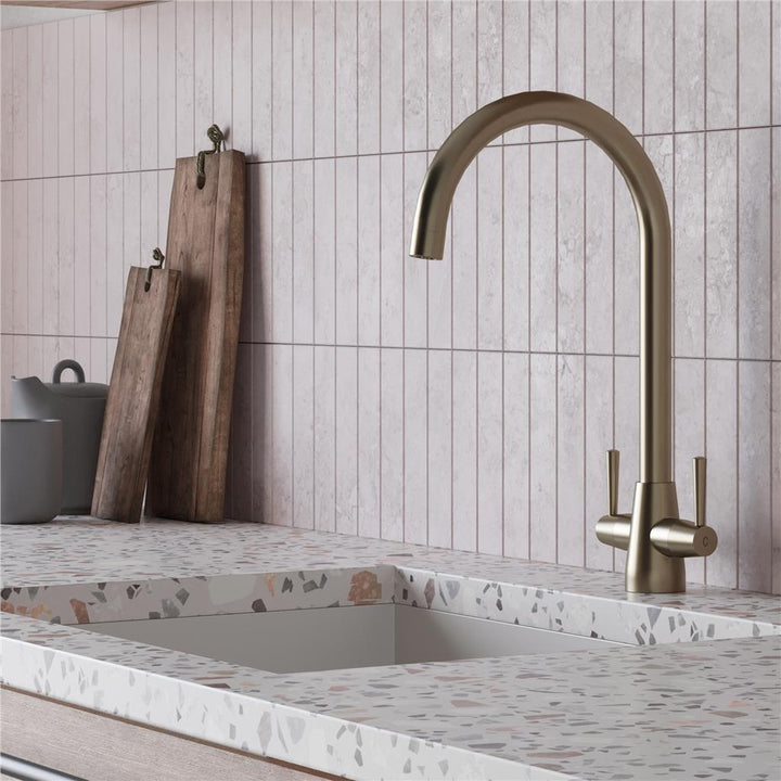 Liquida LU405BS Monobloc Swan Neck Twin Lever Brushed Steel Kitchen Mixer Tap