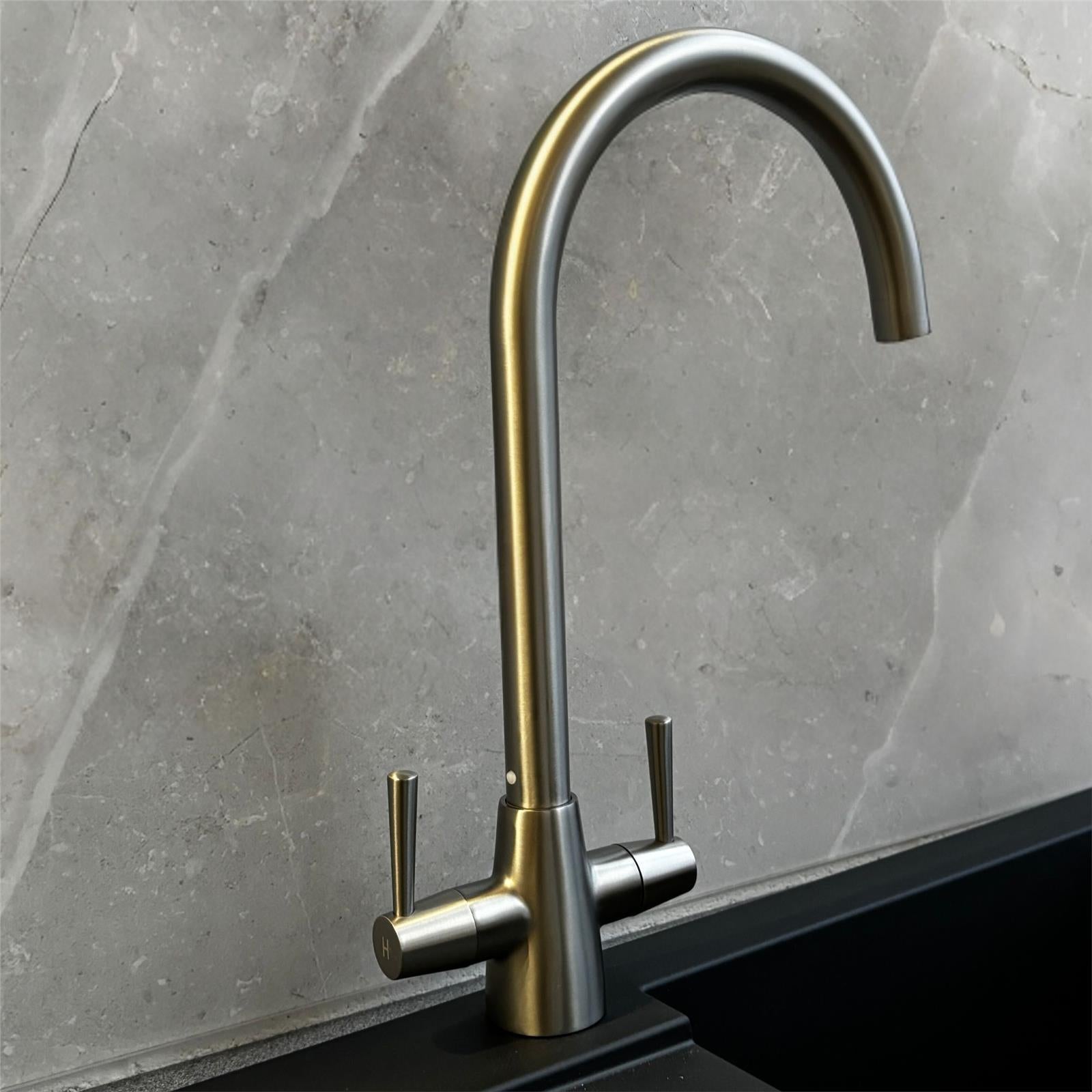 Liquida LU405BS Monobloc Swan Neck Twin Lever Brushed Steel Kitchen Mixer Tap