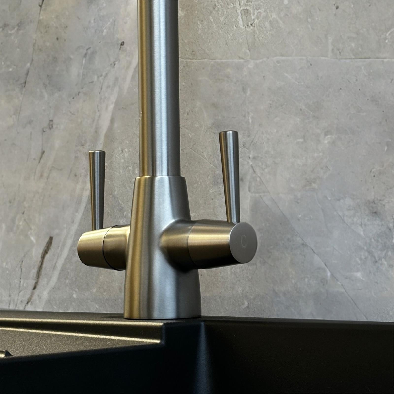 Liquida LU405BS Monobloc Swan Neck Twin Lever Brushed Steel Kitchen Mixer Tap