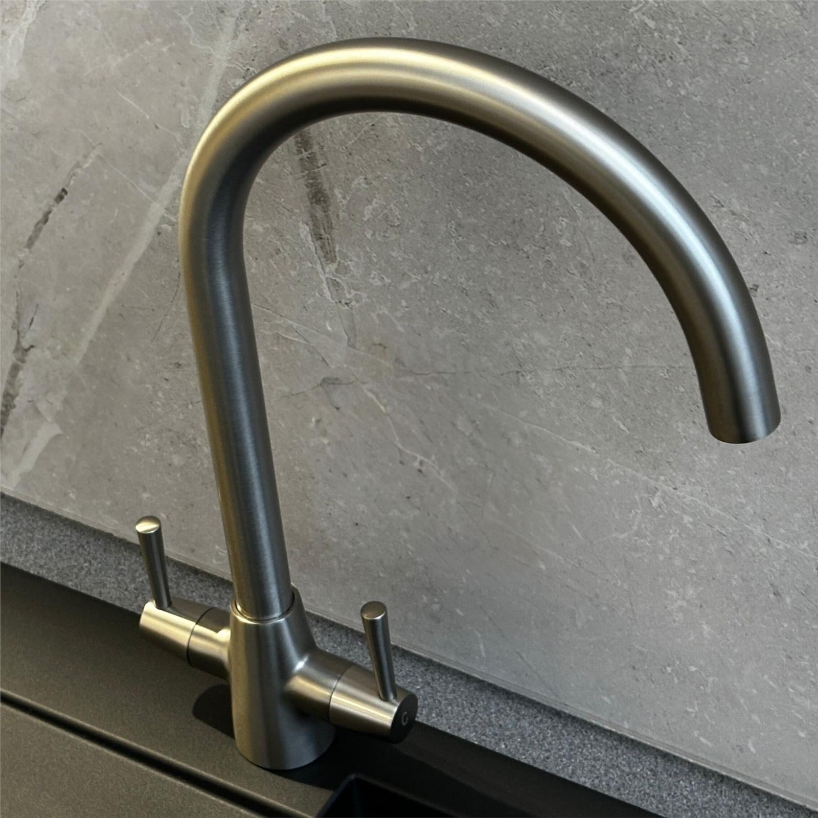 Liquida LU405BS Monobloc Swan Neck Twin Lever Brushed Steel Kitchen Mixer Tap