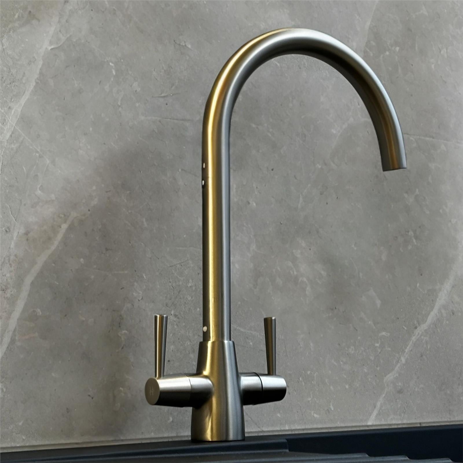 Liquida LU405BS Monobloc Swan Neck Twin Lever Brushed Steel Kitchen Mixer Tap