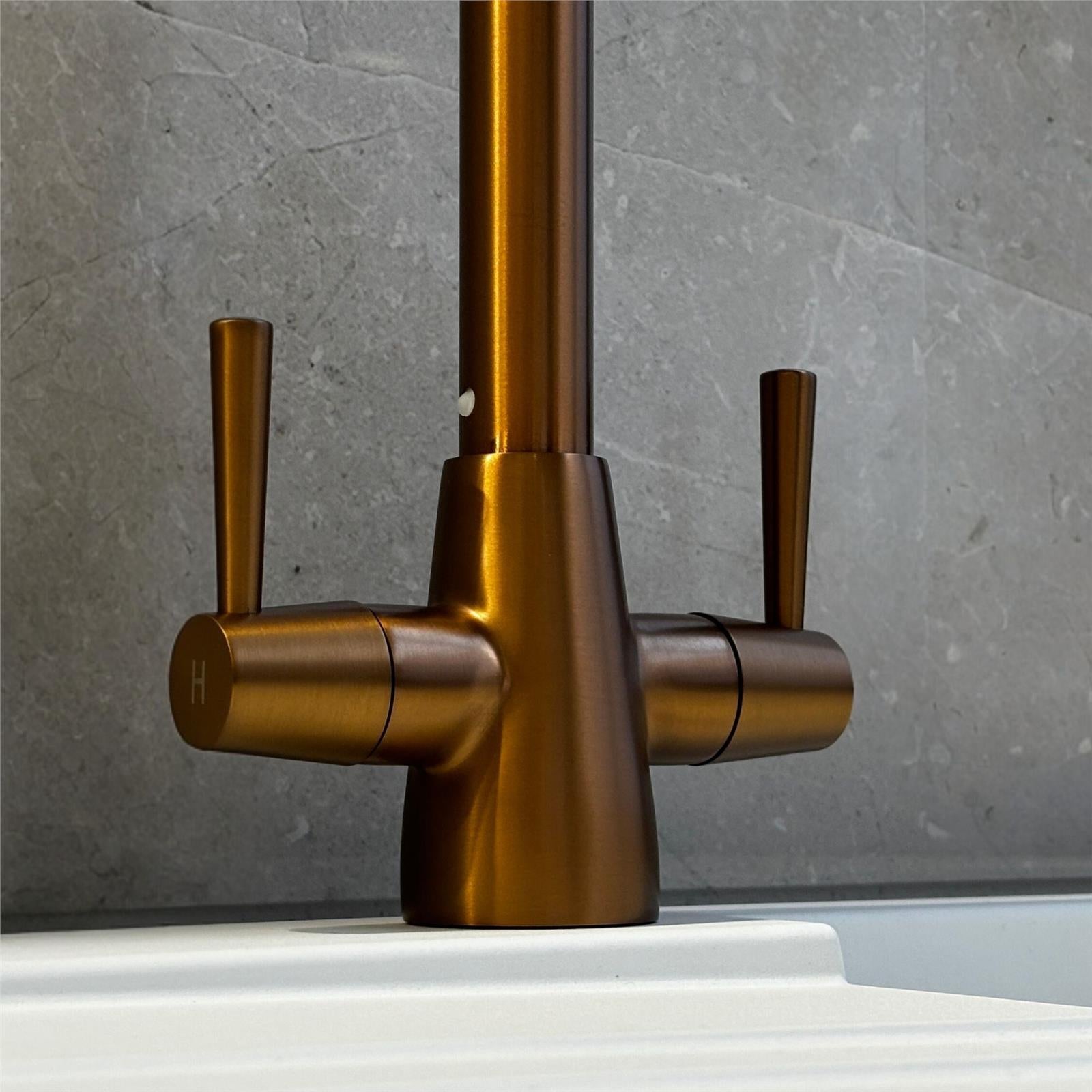 Liquida LU406CP Swivel Spout Swan Neck Twin Lever Copper Kitchen Mixer Tap