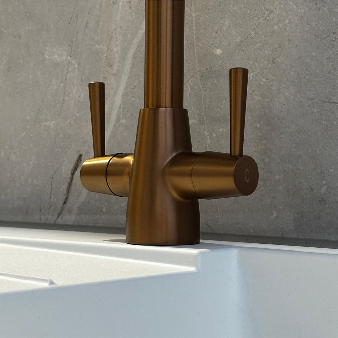 Liquida LU406CP Swivel Spout Swan Neck Twin Lever Copper Kitchen Mixer Tap