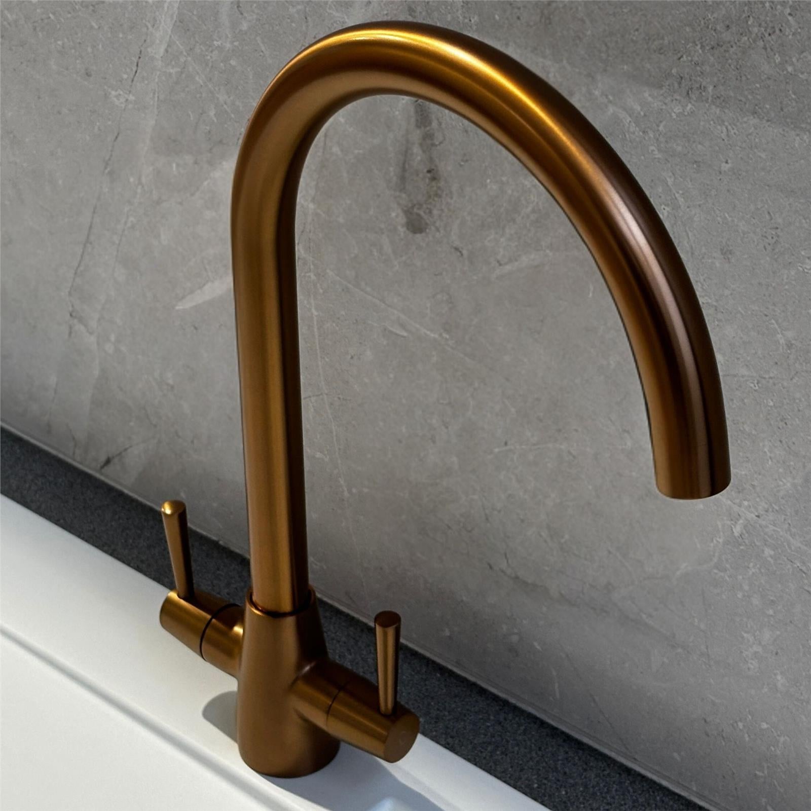 Liquida LU406CP Swivel Spout Swan Neck Twin Lever Copper Kitchen Mixer Tap