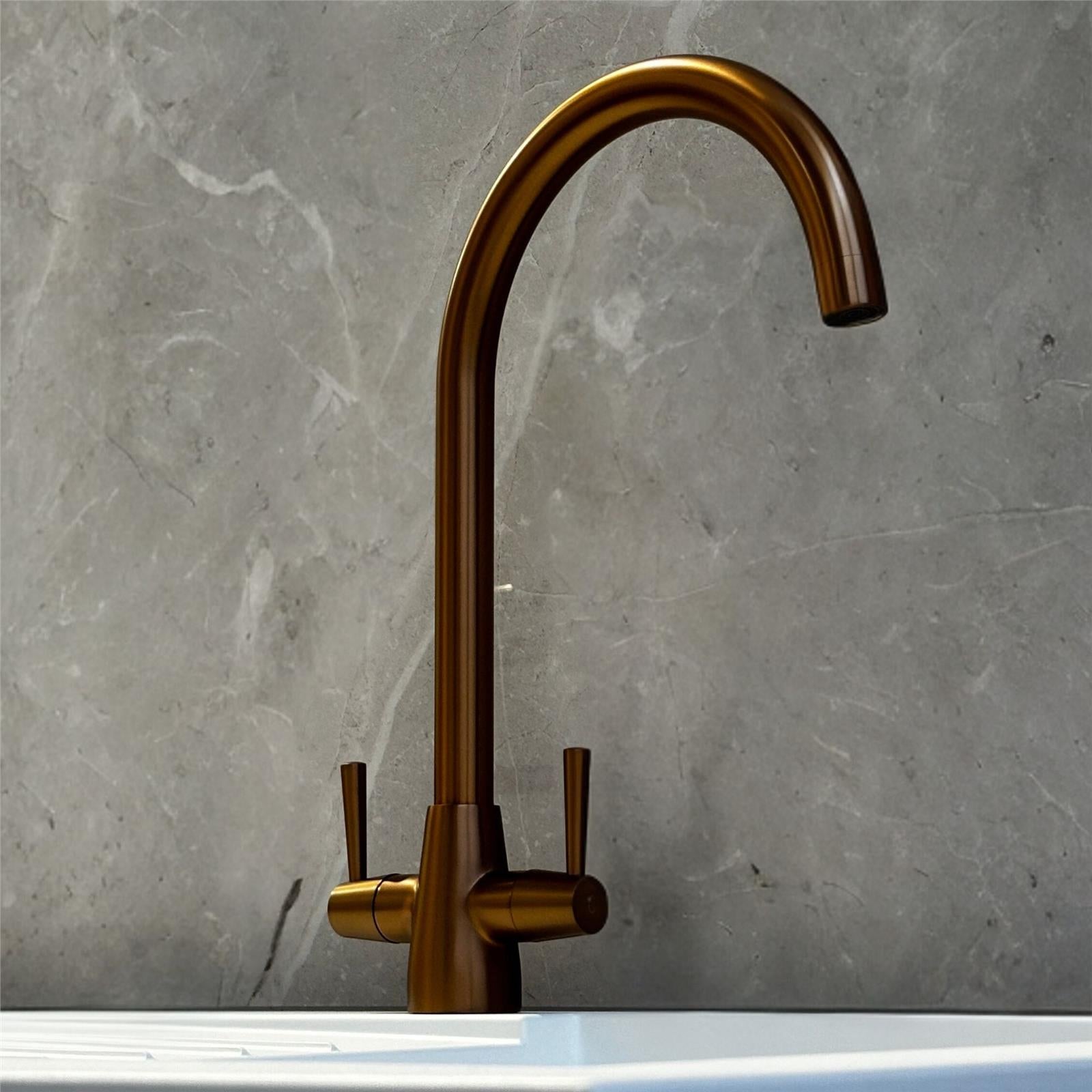 Liquida LU406CP Swivel Spout Swan Neck Twin Lever Copper Kitchen Mixer Tap