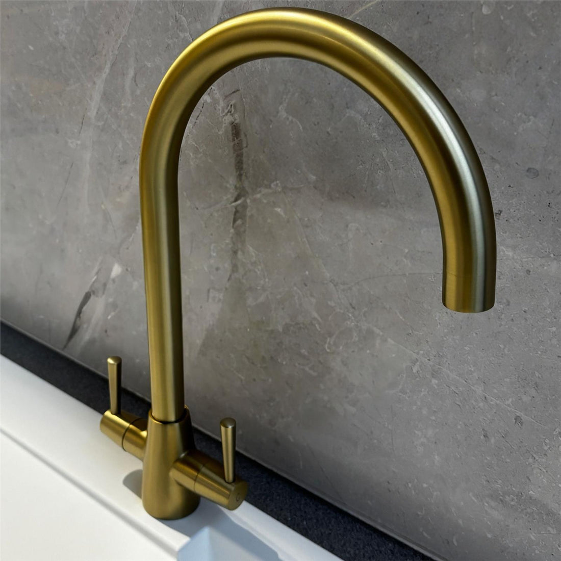 Liquida LU409BR Monobloc Swan Neck Twin Lever Brushed Brass Kitchen Mixer Tap