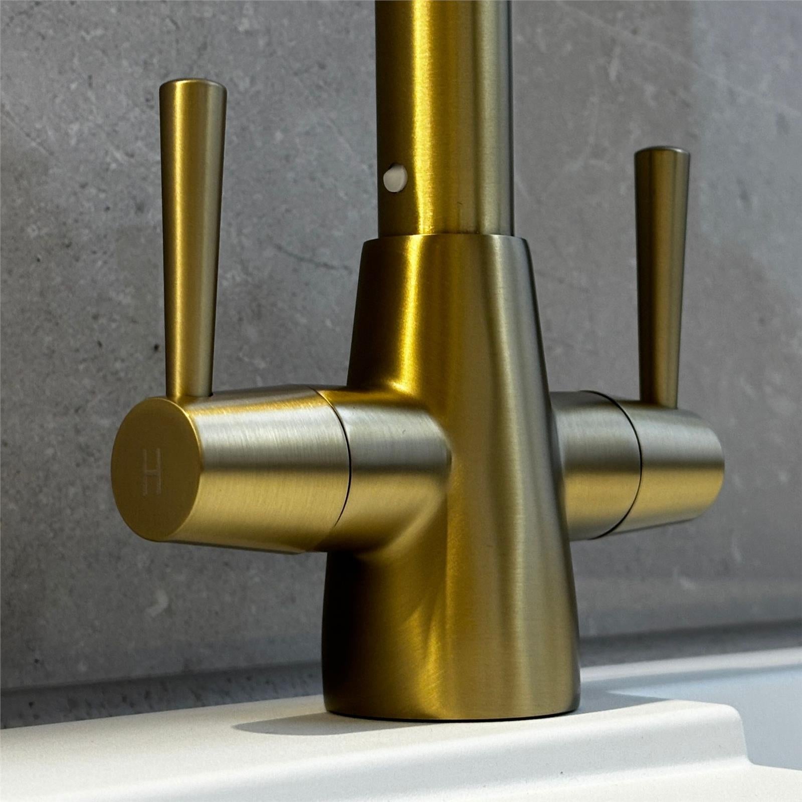 Liquida LU409BR Monobloc Swan Neck Twin Lever Brushed Brass Kitchen Mixer Tap