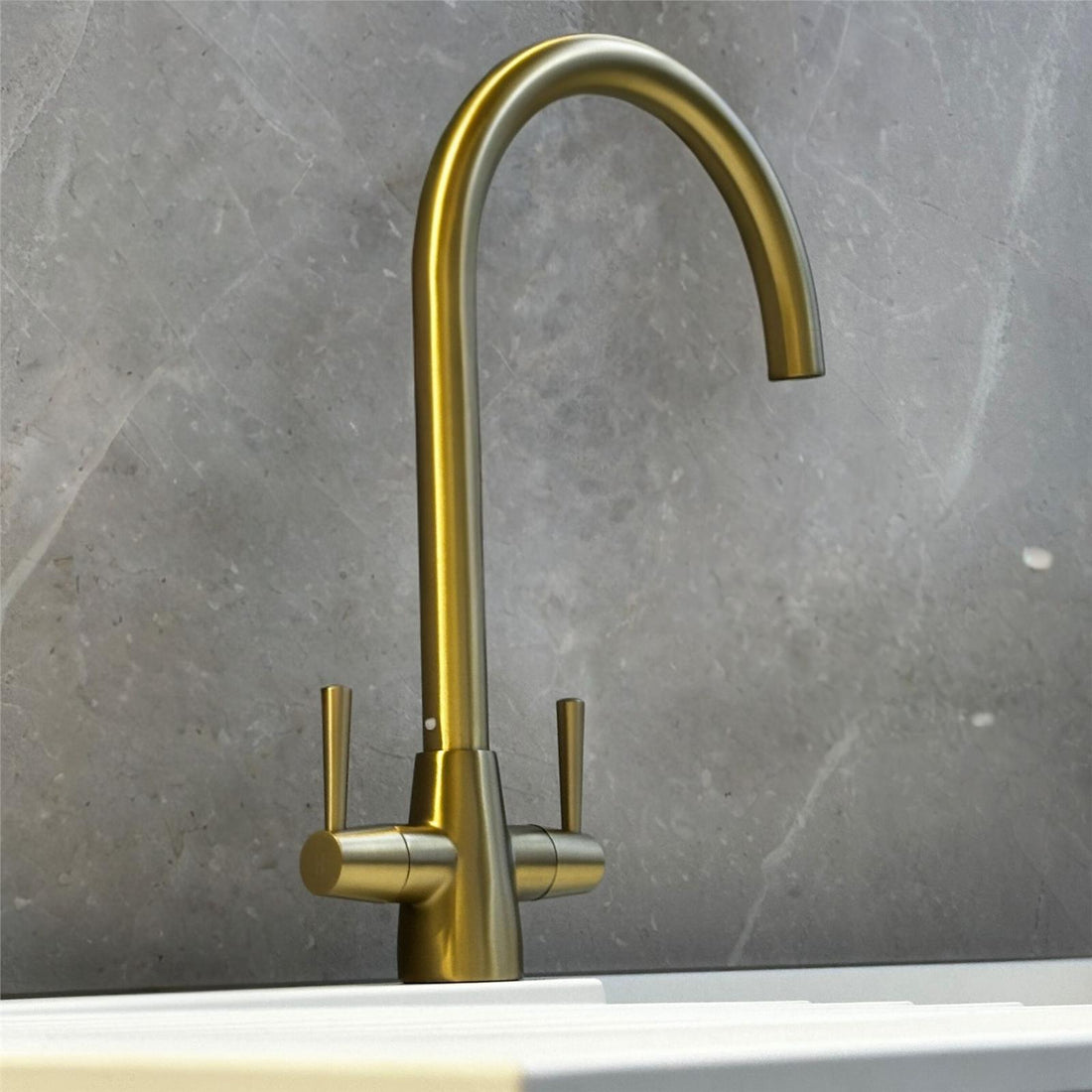 Liquida LU409BR Monobloc Swan Neck Twin Lever Brushed Brass Kitchen Mixer Tap