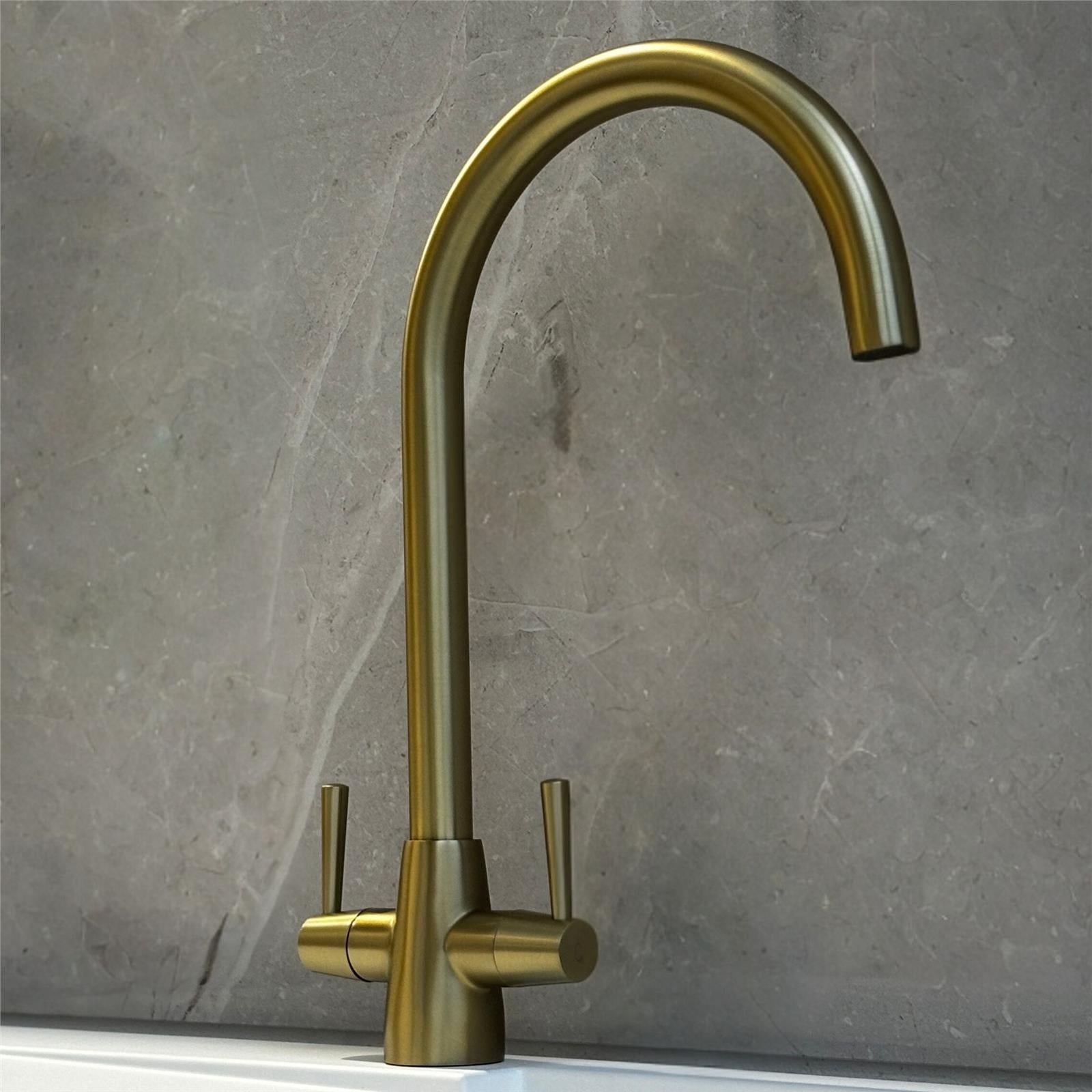 Liquida LU409BR Monobloc Swan Neck Twin Lever Brushed Brass Kitchen Mixer Tap