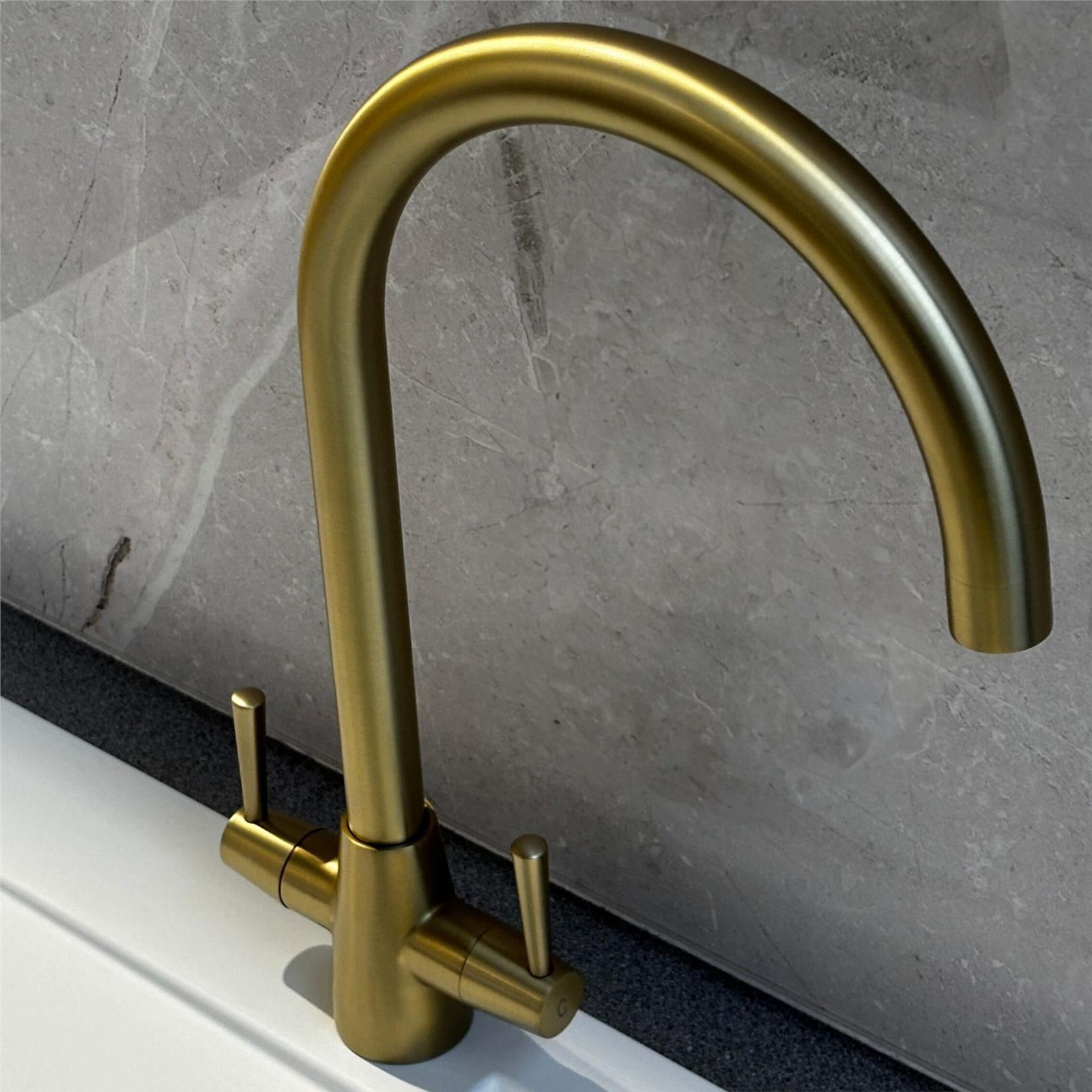 Liquida LU409BR Monobloc Swan Neck Twin Lever Brushed Brass Kitchen Mixer Tap