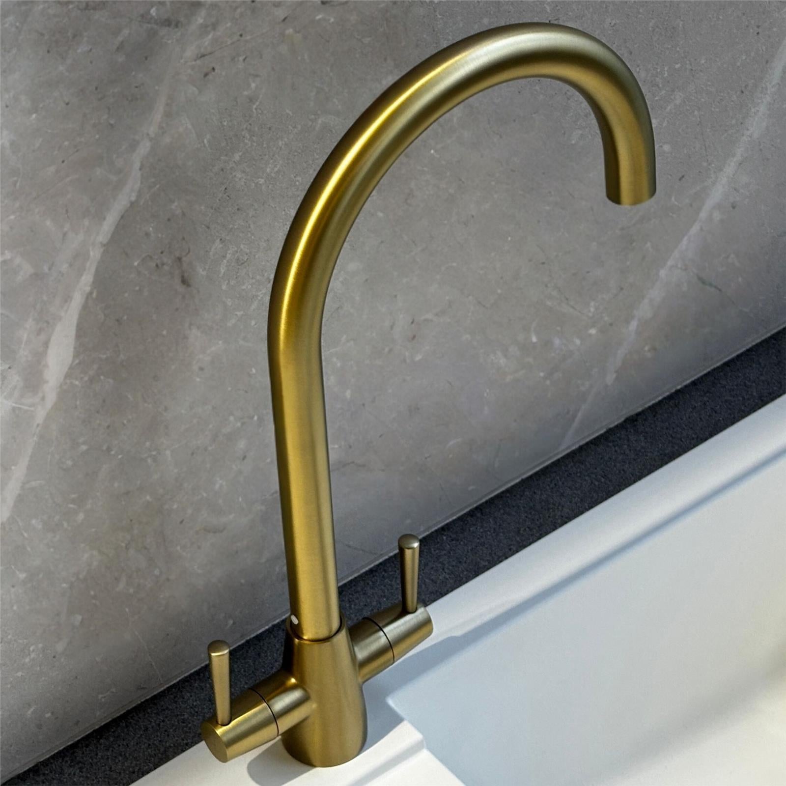 Liquida LU409BR Monobloc Swan Neck Twin Lever Brushed Brass Kitchen Mixer Tap