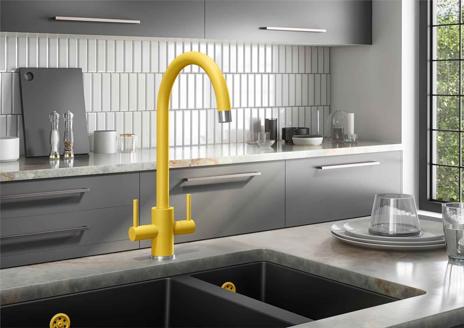 Liquida PR69YC Twin Lever Swivel Spout Yellow & Chrome Kitchen Mixer Tap