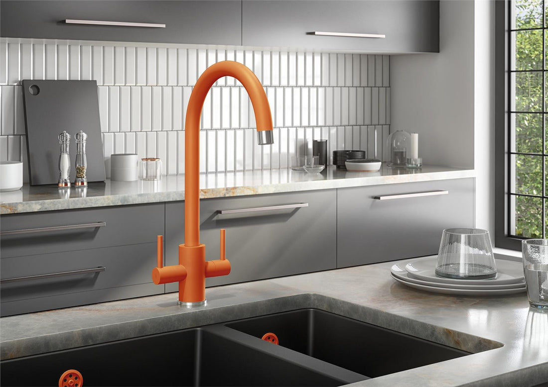 Liquida PR70OC Twin Lever Swivel Spout Orange & Chrome Kitchen Mixer Tap