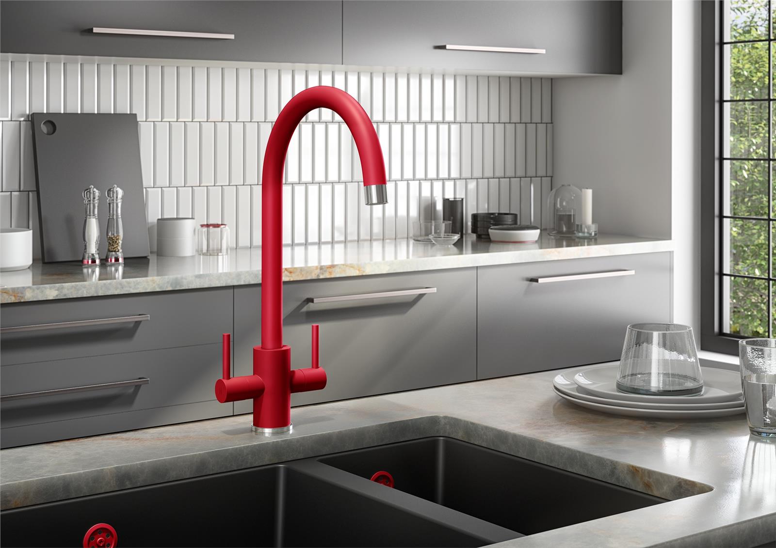 Liquida PR71RC Twin Lever Swivel Spout Red & Chrome Kitchen Mixer Tap