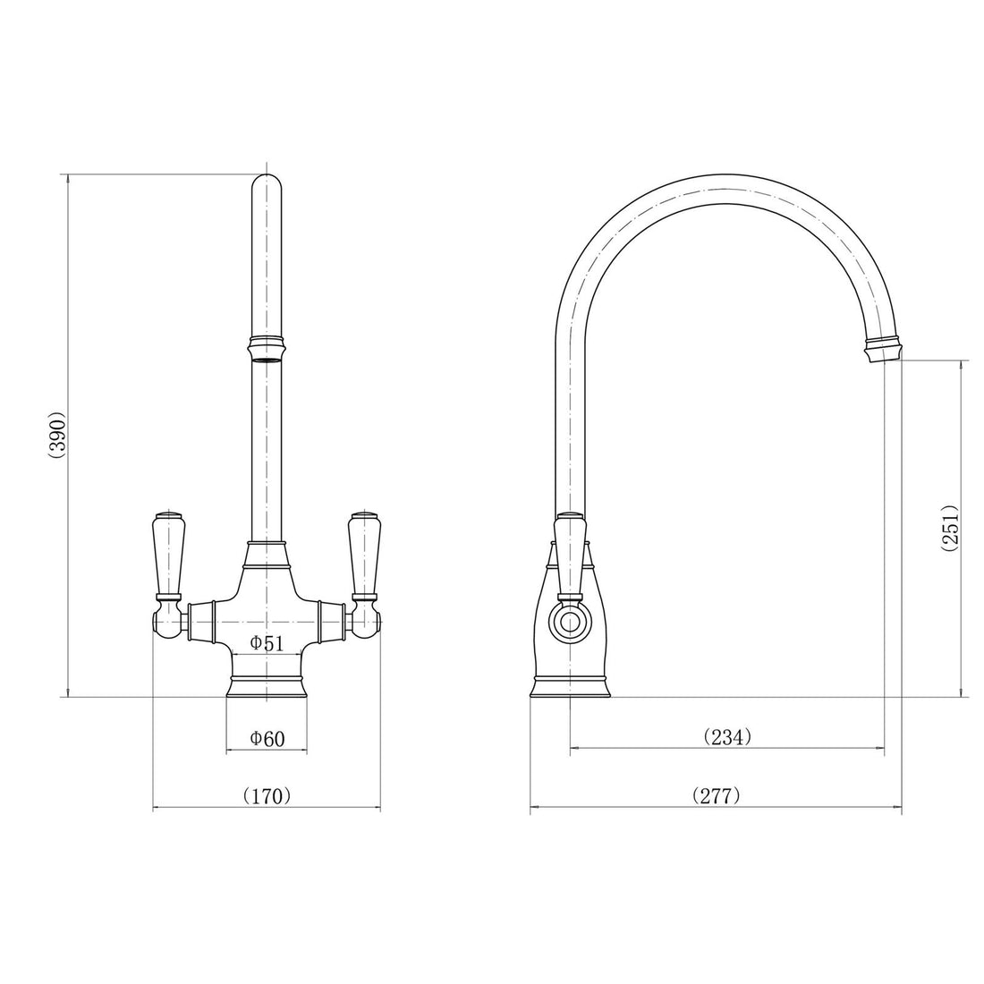 Liquida OS51CH Chrome Swan Neck Twin Lever Traditional Kitchen Mixer Tap