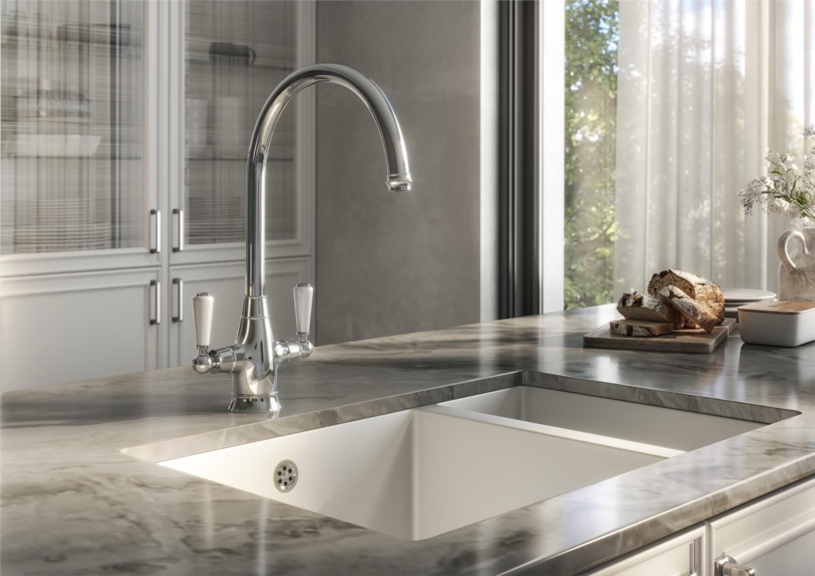 Liquida OS51CH Chrome Swan Neck Twin Lever Traditional Kitchen Mixer Tap