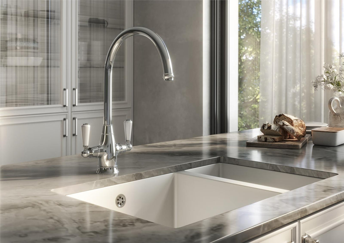 Liquida OS51CH Chrome Swan Neck Twin Lever Traditional Kitchen Mixer Tap