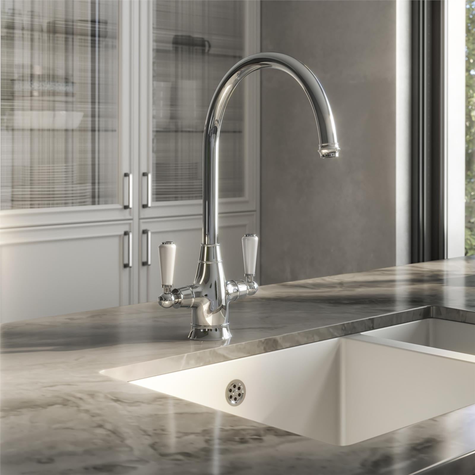 Liquida OS51CH Chrome Swan Neck Twin Lever Traditional Kitchen Mixer Tap