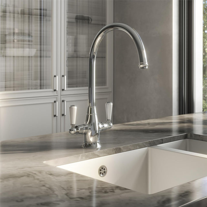 Liquida OS51CH Chrome Swan Neck Twin Lever Traditional Kitchen Mixer Tap