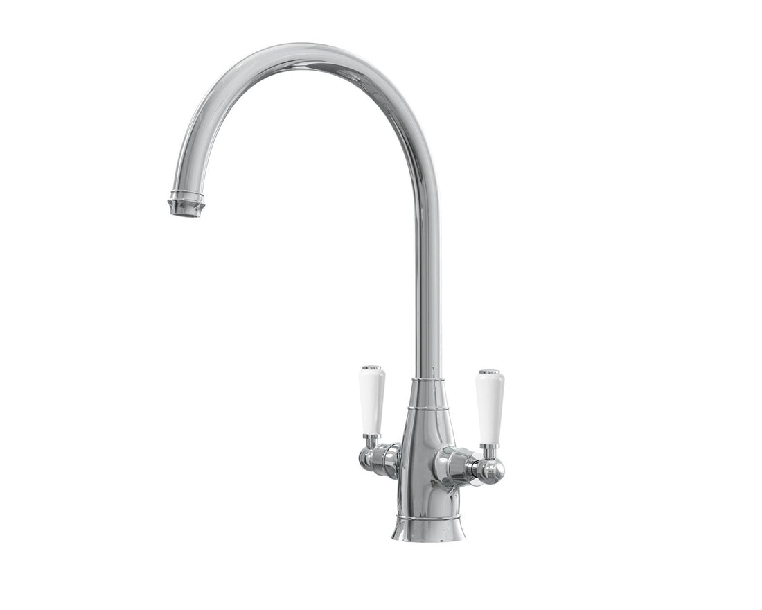 Liquida OS51CH Chrome Swan Neck Twin Lever Traditional Kitchen Mixer Tap