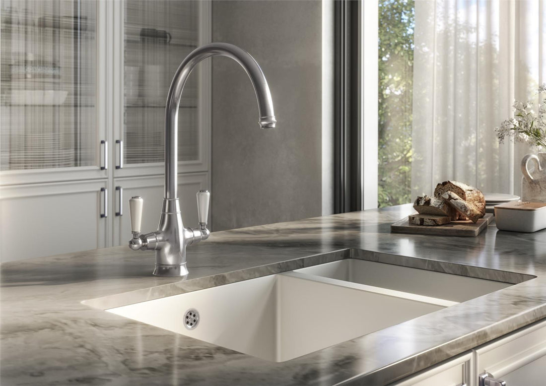 Liquida OS52PT Pewter Swan Neck Twin Lever Traditional Kitchen Mixer Tap