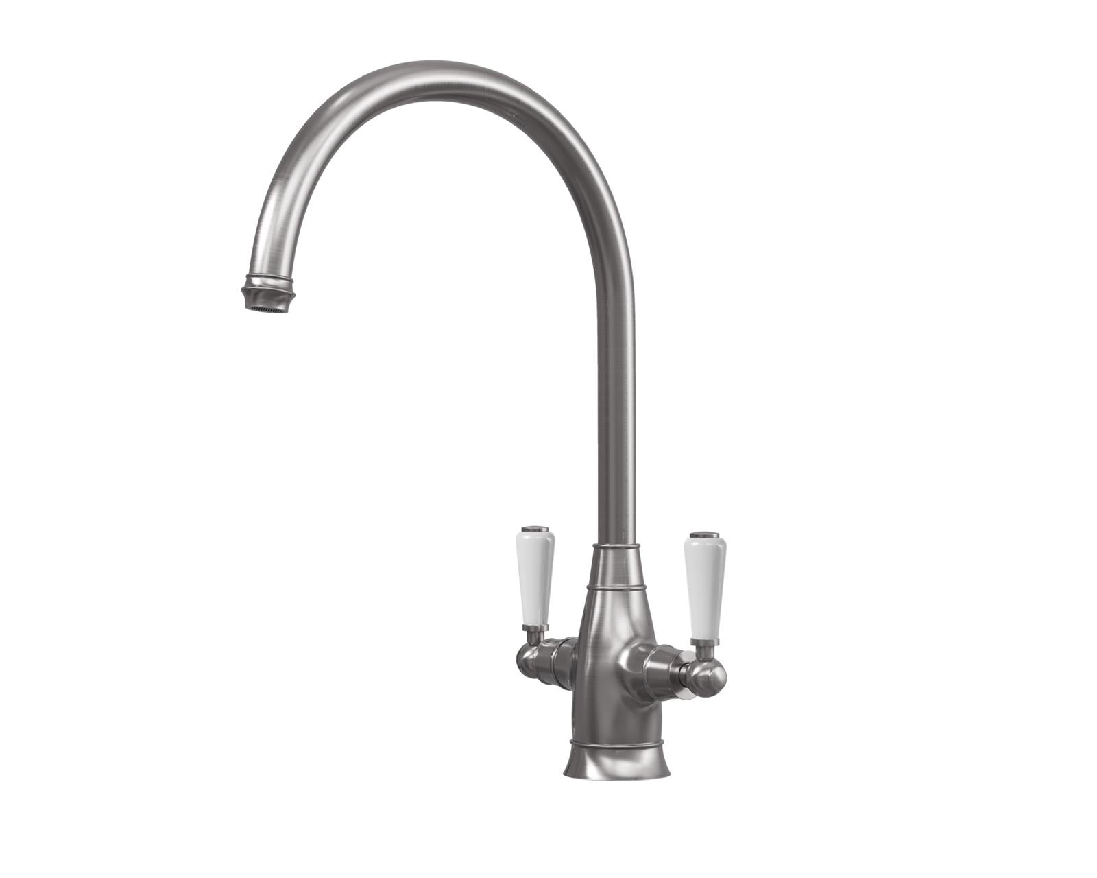 Liquida OS52PT Pewter Swan Neck Twin Lever Traditional Kitchen Mixer Tap