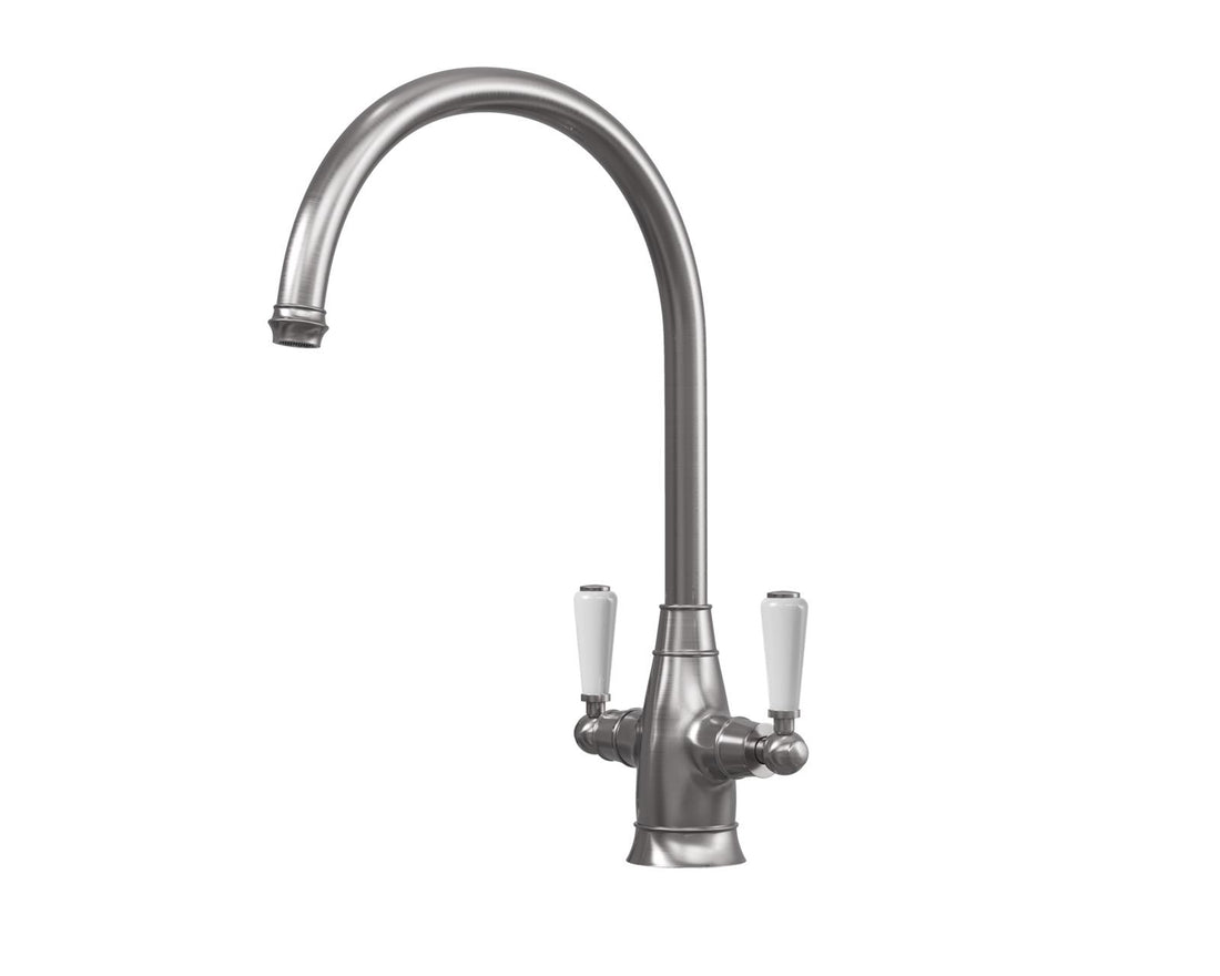 Liquida OS52PT Pewter Swan Neck Twin Lever Traditional Kitchen Mixer Tap