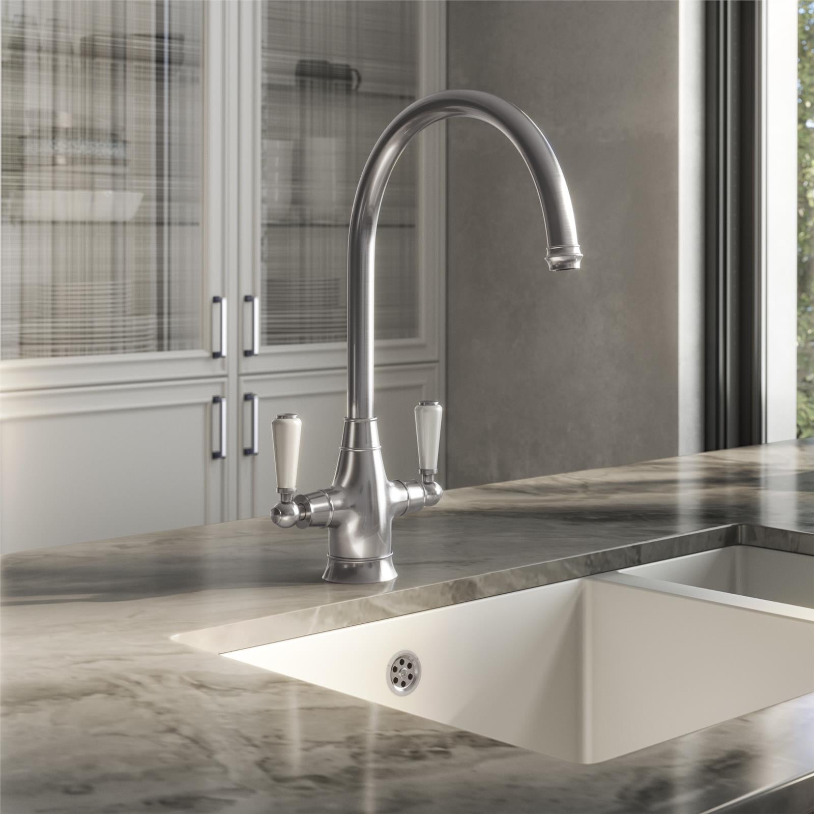 Liquida OS52PT Pewter Swan Neck Twin Lever Traditional Kitchen Mixer Tap