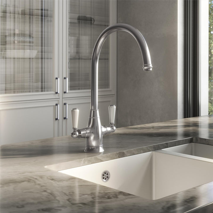 Liquida OS52PT Pewter Swan Neck Twin Lever Traditional Kitchen Mixer Tap