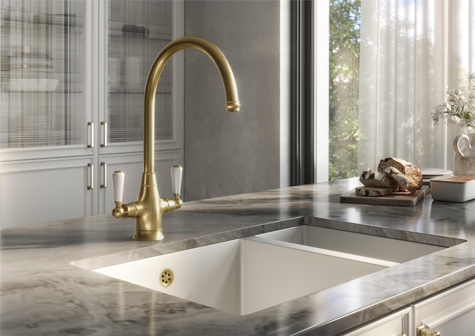 Liquida OS53BR Brushed Brass Swan Neck Twin Lever Traditional Kitchen Mixer Tap