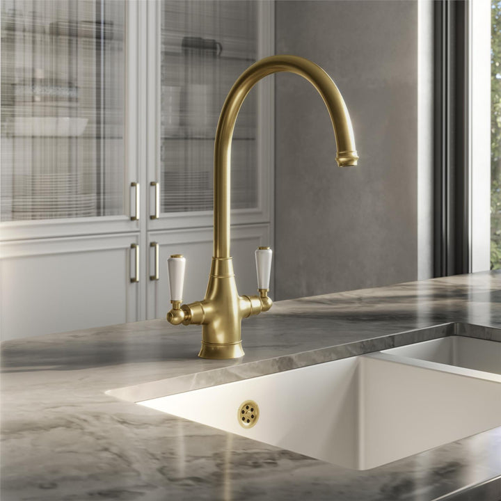 Liquida OS53BR Brushed Brass Swan Neck Twin Lever Traditional Kitchen Mixer Tap