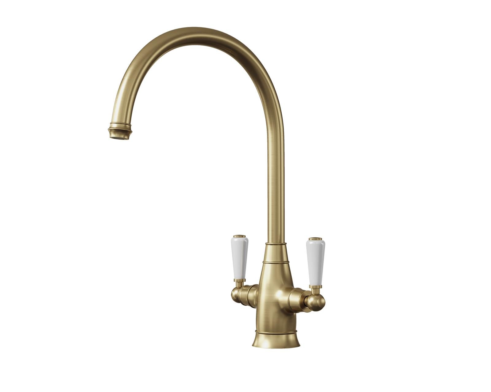 Liquida OS53BR Brushed Brass Swan Neck Twin Lever Traditional Kitchen Mixer Tap