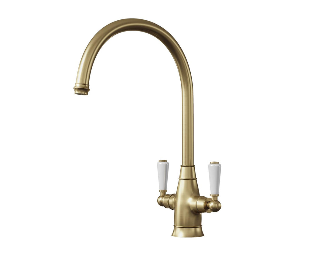 Liquida OS53BR Brushed Brass Swan Neck Twin Lever Traditional Kitchen Mixer Tap