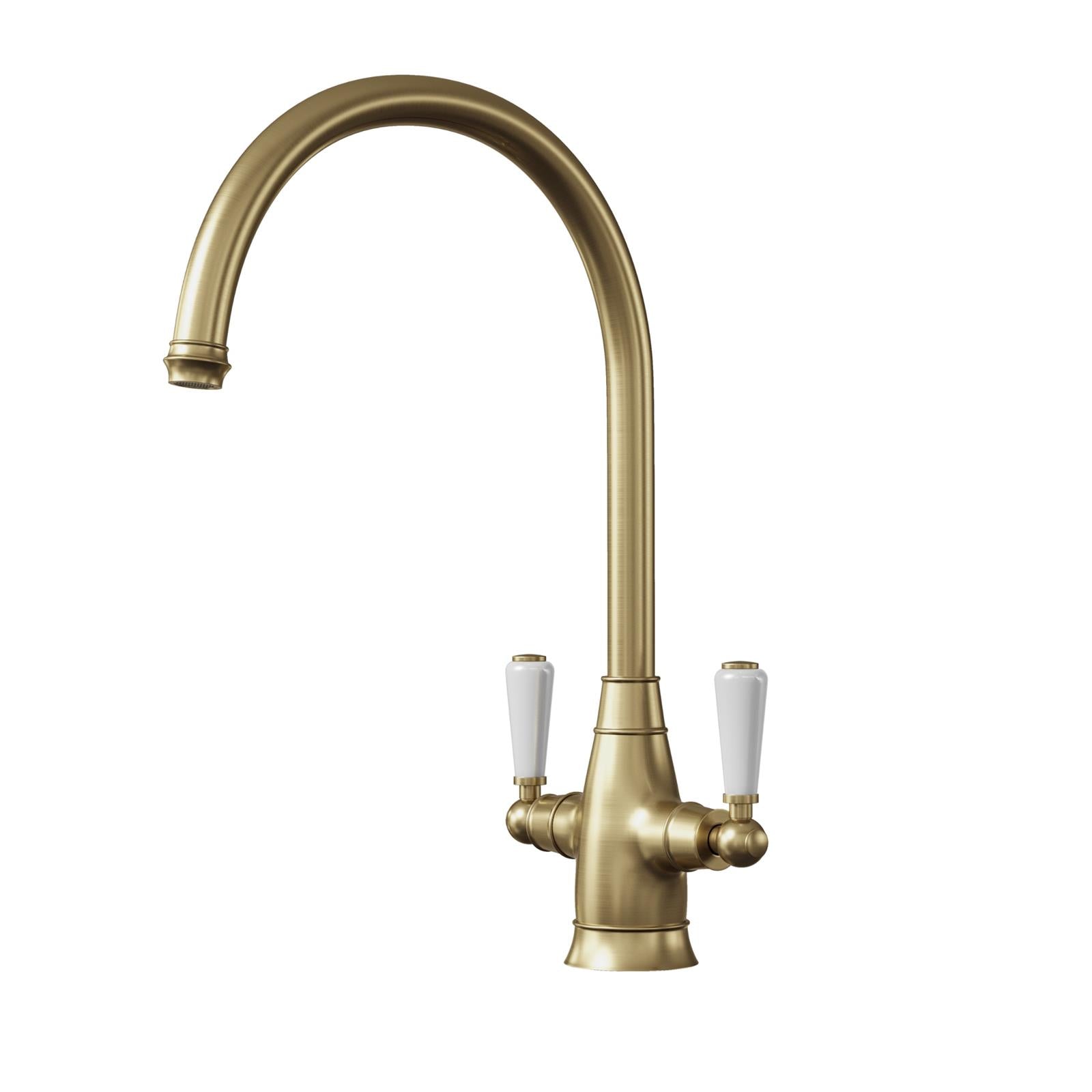 Liquida OS53BR Brushed Brass Swan Neck Twin Lever Traditional Kitchen Mixer Tap
