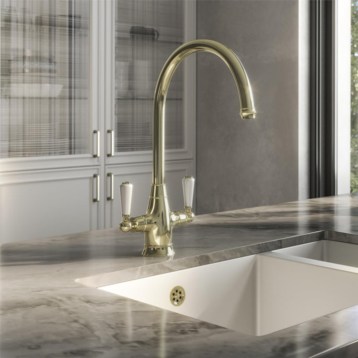 Liquida OS54PB Polished Brass Swan Neck Twin Lever Traditional Kitchen Mixer Tap
