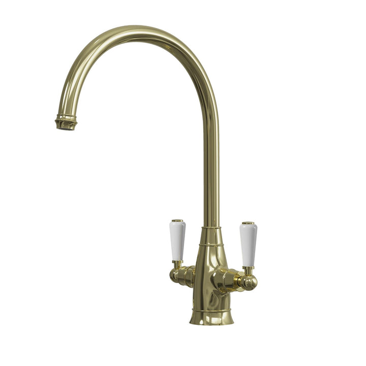 Liquida OS54PB Polished Brass Swan Neck Twin Lever Traditional Kitchen Mixer Tap