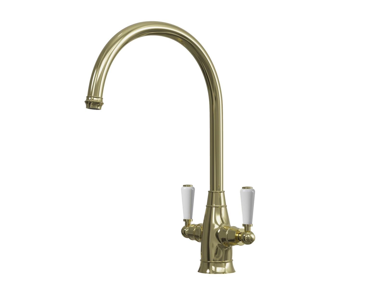 Liquida OS54PB Polished Brass Swan Neck Twin Lever Traditional Kitchen Mixer Tap