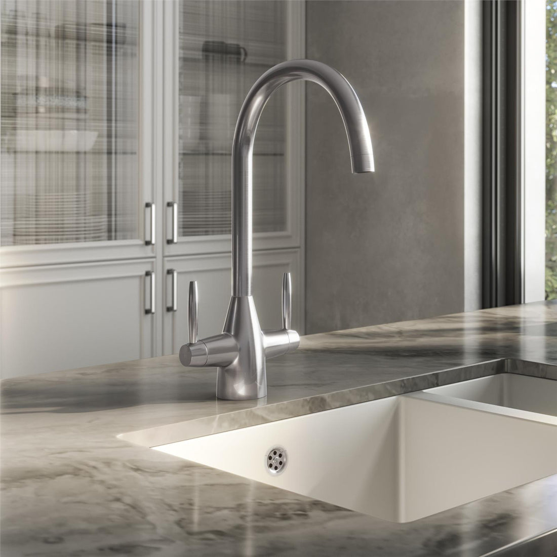 Liquida AST84PT Brushed Pewter Dual Lever Swivel Spout Kitchen Mixer Tap