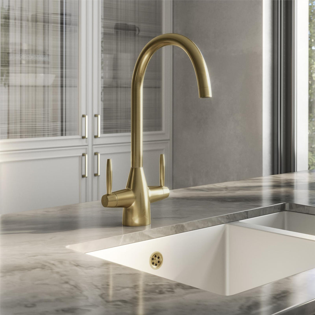 Liquida AST85BR Brushed Brass Dual Lever Swivel Spout Kitchen Mixer Tap